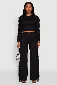 Womens Textured Knit Long Sleeve Fringe Crop Top, Black,