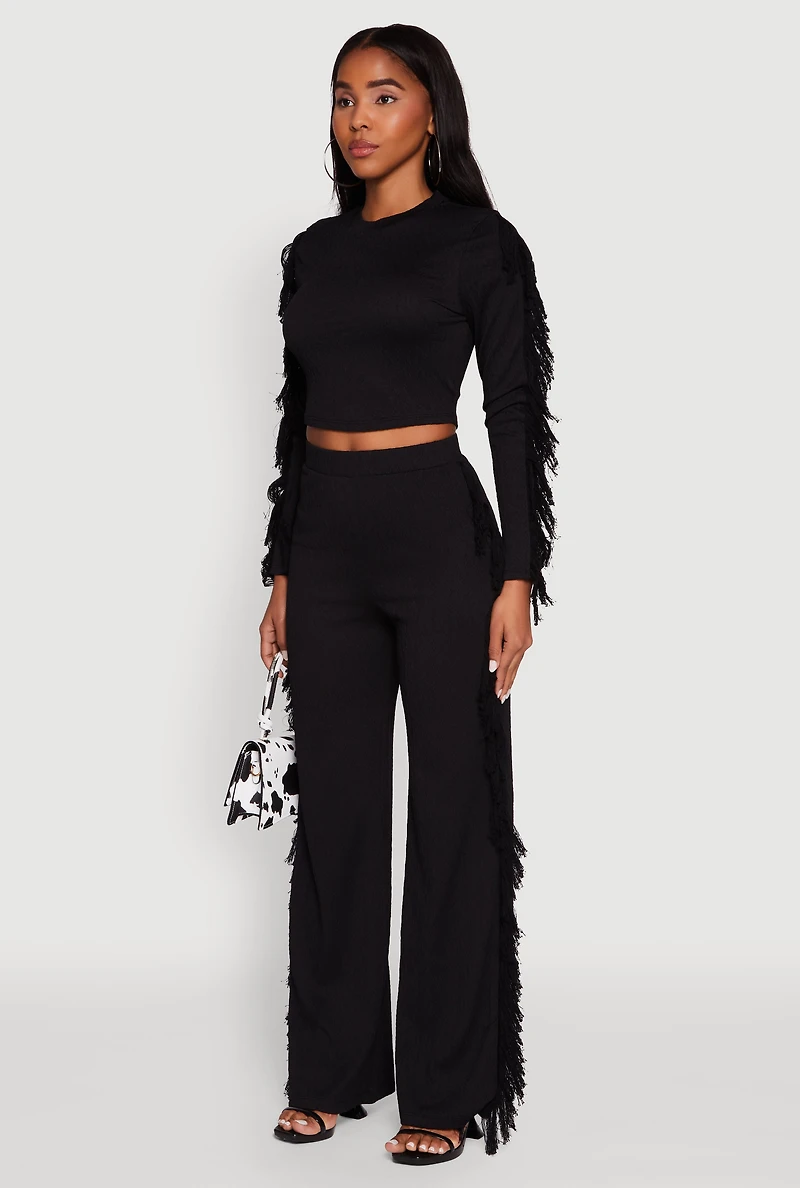 Womens Textured Knit Long Sleeve Fringe Crop Top, Black,