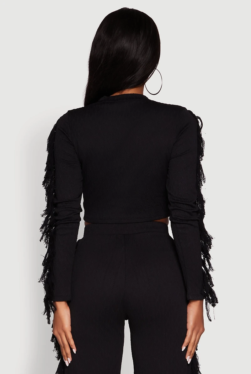 Womens Textured Knit Long Sleeve Fringe Crop Top, Black,