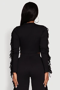 Womens Textured Knit Long Sleeve Fringe Crop Top, Black,