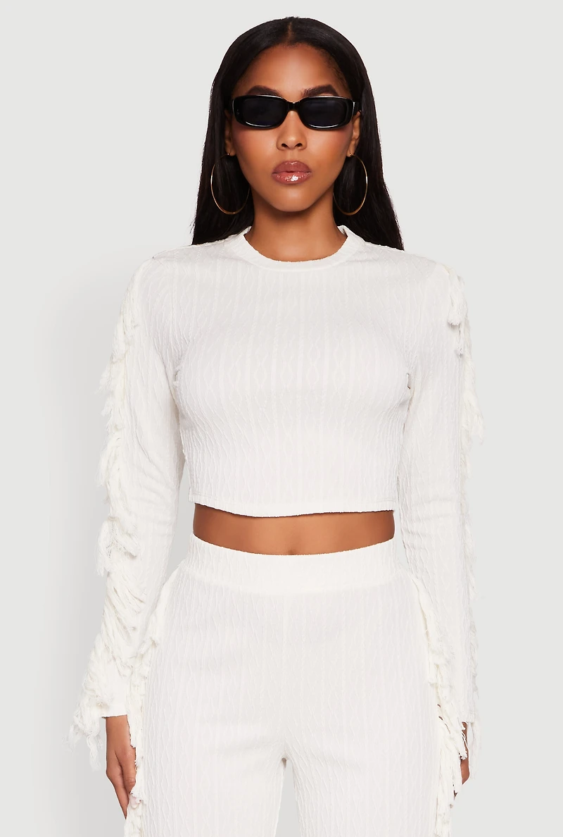 Womens Textured Knit Long Sleeve Fringe Crop Top, White, Size M