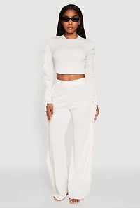 Womens Textured Knit Long Sleeve Fringe Crop Top, White, Size M