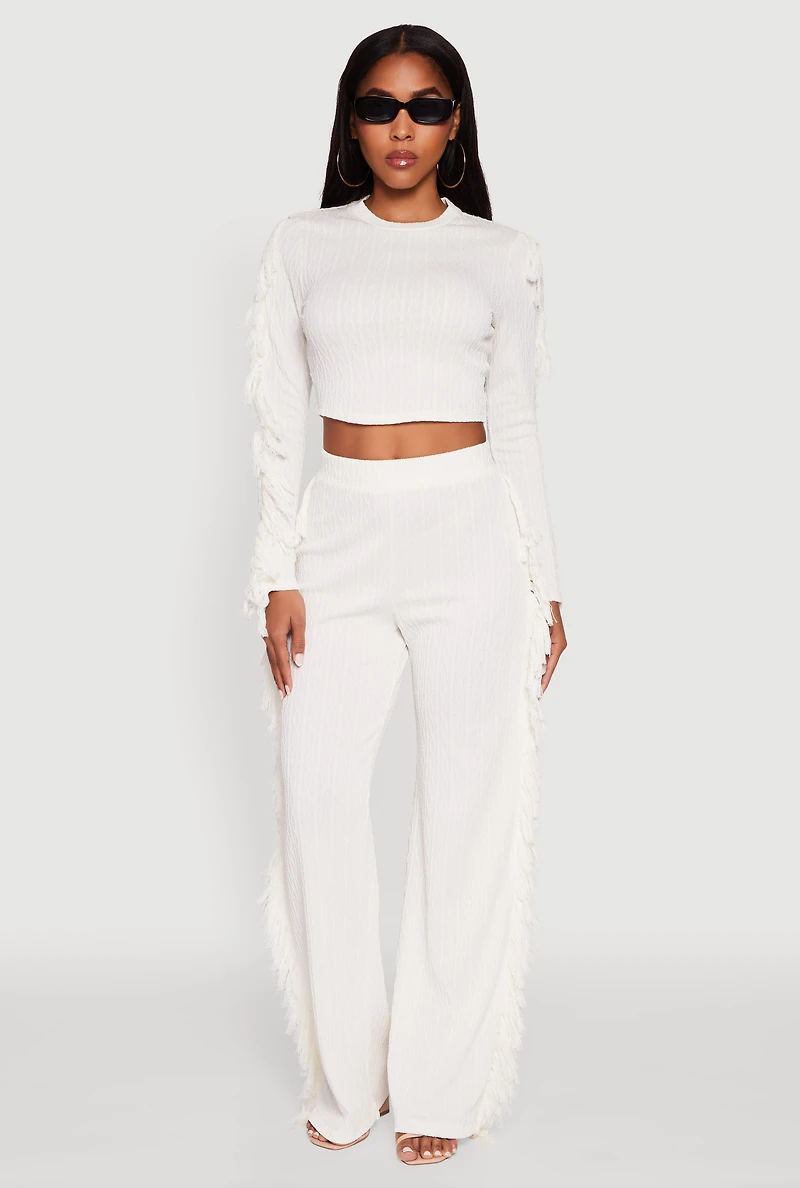 Womens Textured Knit Long Sleeve Fringe Crop Top, White, Size S