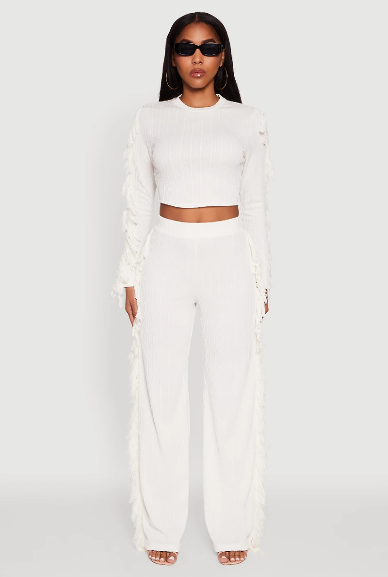 Womens Textured Knit Long Sleeve Fringe Crop Top, White, Size M
