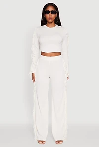 Womens Textured Knit Long Sleeve Fringe Crop Top, White, Size M