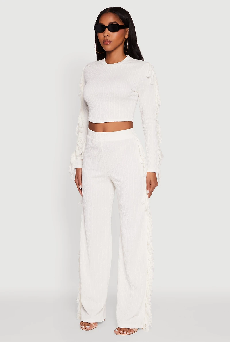 Womens Textured Knit Long Sleeve Fringe Crop Top, White, Size M