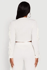 Womens Textured Knit Long Sleeve Fringe Crop Top, White, Size M