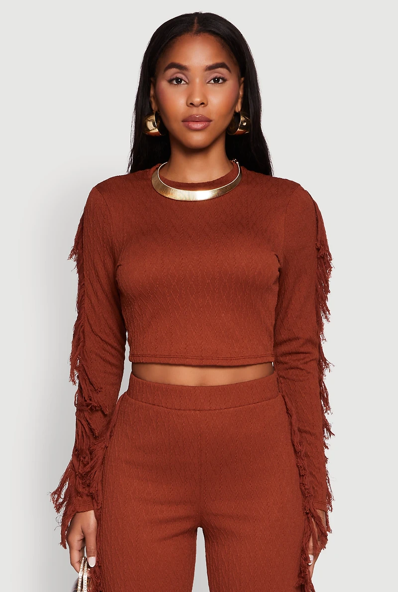 Womens Textured Knit Long Sleeve Fringe Crop Top, Brown, Size S