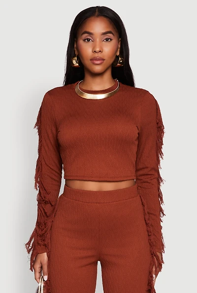 Womens Textured Knit Long Sleeve Fringe Crop Top,