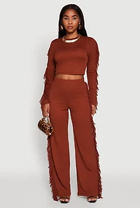 Womens Textured Knit Long Sleeve Fringe Crop Top, Brown, Size L