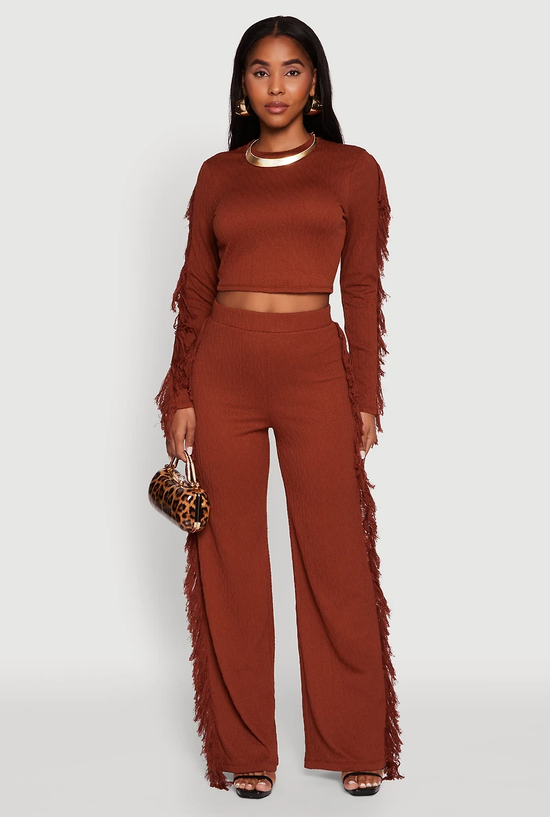 Womens Textured Knit Long Sleeve Fringe Crop Top, Brown, Size S