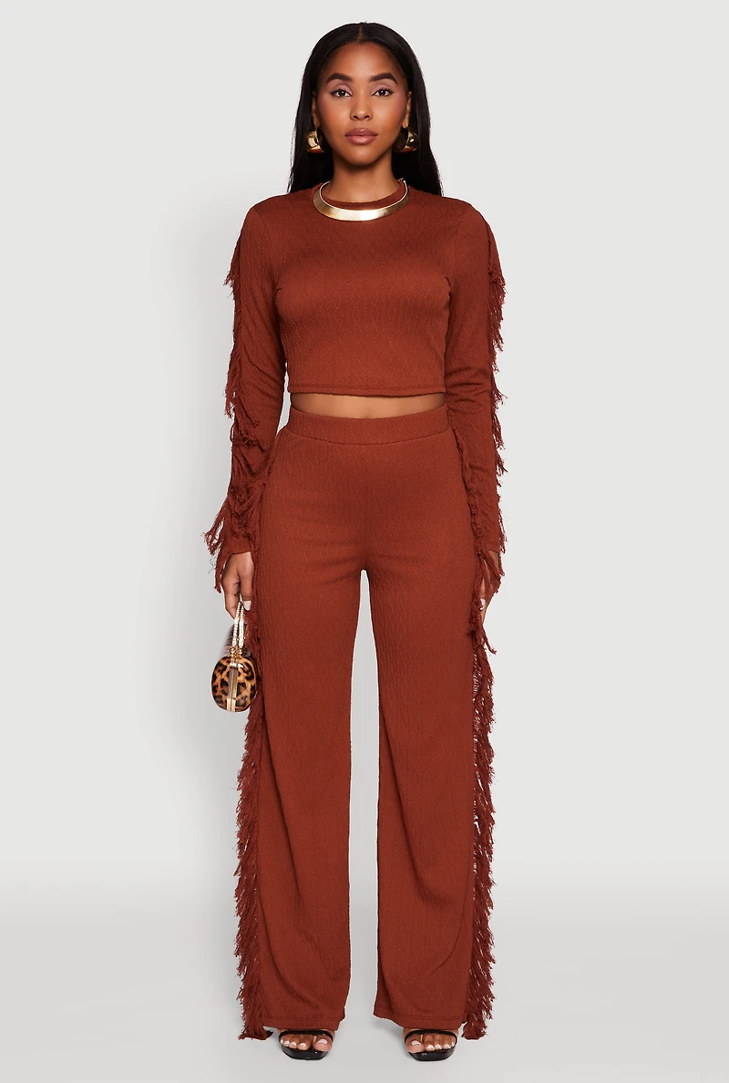 Womens Textured Knit Long Sleeve Fringe Crop Top, Brown, Size S