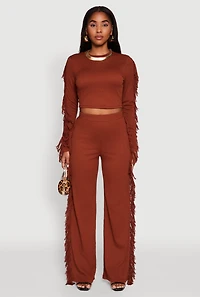 Womens Textured Knit Long Sleeve Fringe Crop Top, Brown, Size S