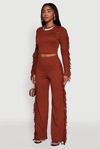 Womens Textured Knit Long Sleeve Fringe Crop Top, Brown, Size S