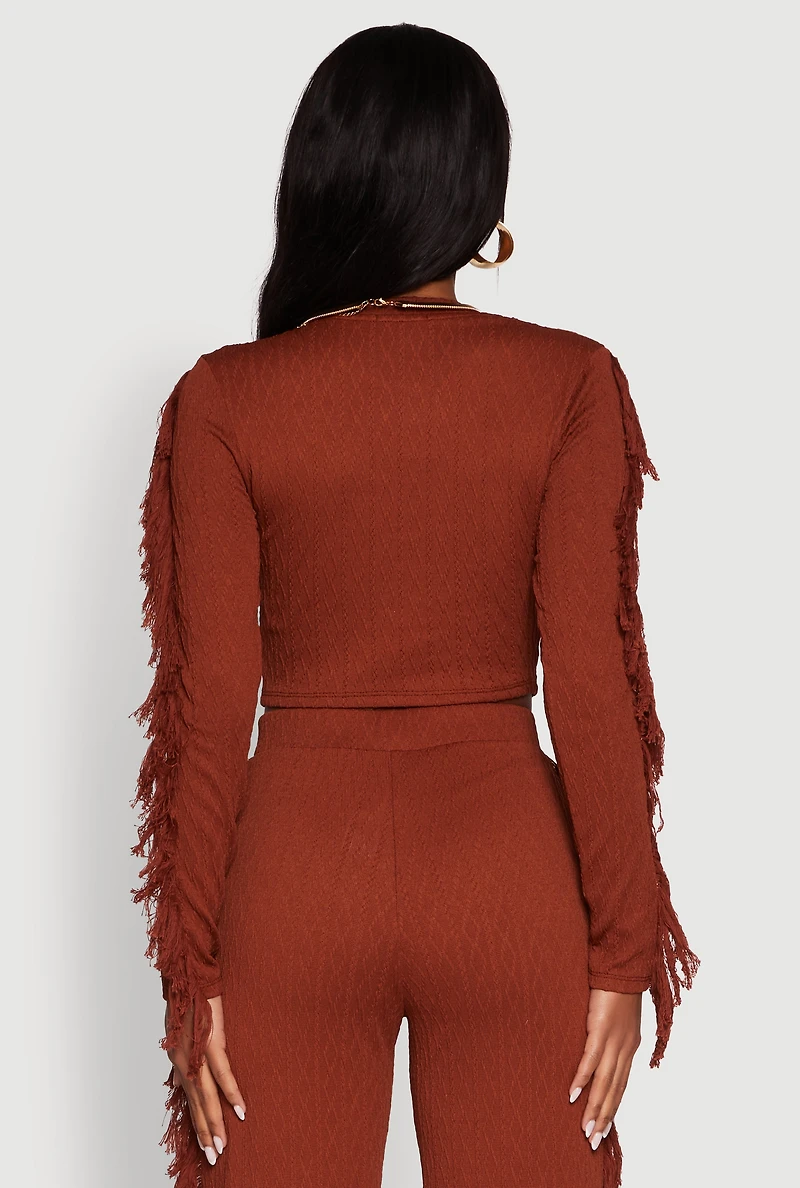 Womens Textured Knit Long Sleeve Fringe Crop Top, Brown, Size S