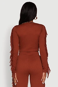 Womens Textured Knit Long Sleeve Fringe Crop Top, Brown, Size S