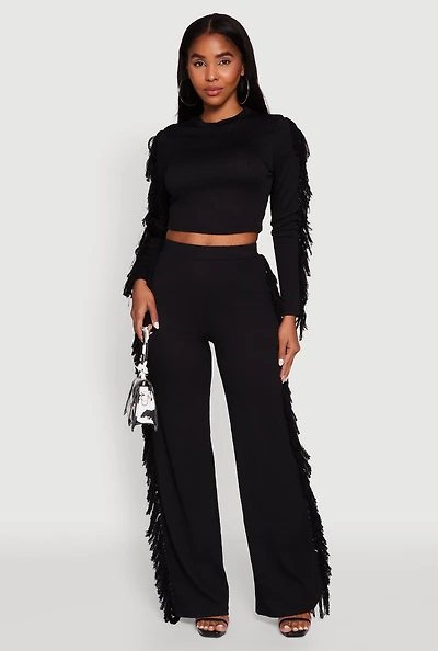 Womens Pull On Fringe Side Straight Leg Pants,
