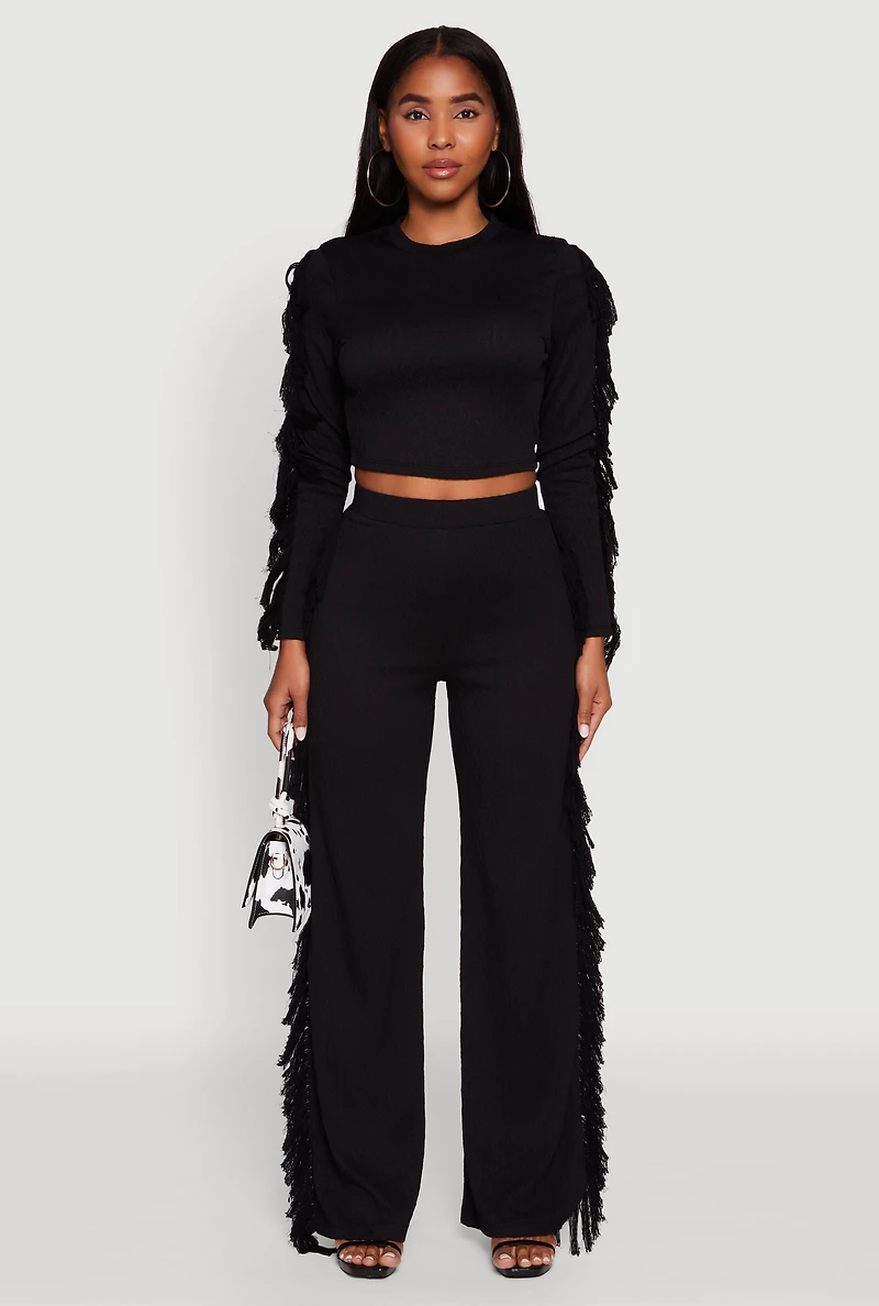 Womens Pull On Fringe Side Straight Leg Pants,