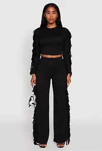 Womens Pull On Fringe Side Straight Leg Pants,