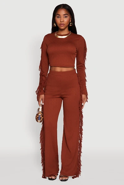 Womens Pull On Fringe Side Straight Leg Pants, Brown, Size S