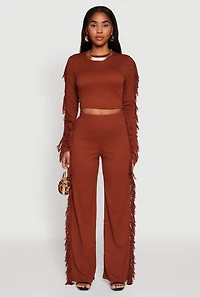 Womens Pull On Fringe Side Straight Leg Pants, Brown, Size S
