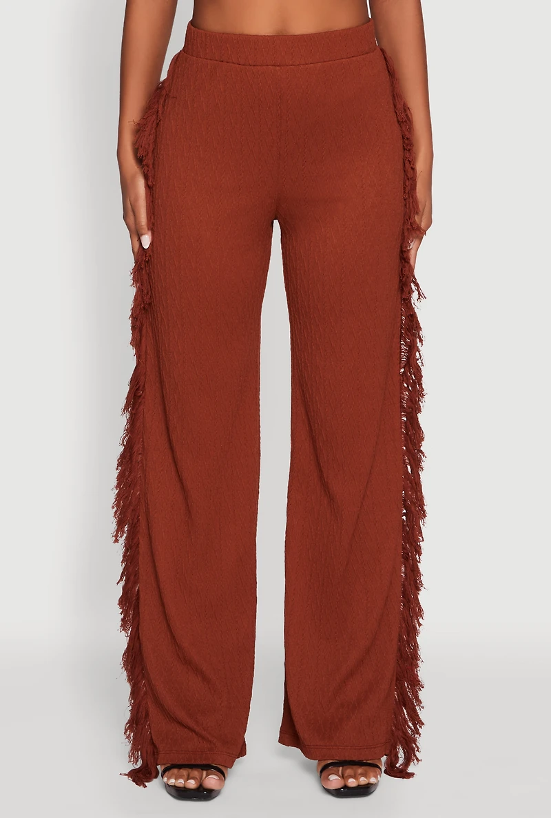 Womens Pull On Fringe Side Straight Leg Pants, Brown,