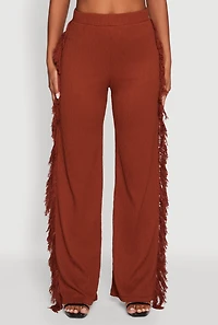 Womens Pull On Fringe Side Straight Leg Pants, Brown,