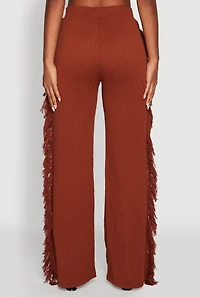 Womens Pull On Fringe Side Straight Leg Pants, Brown,