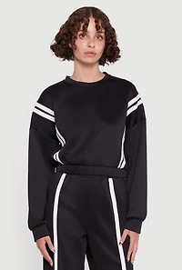 Womens Varsity Stripe High Neck Elastic Hem Pullover Top, Black, Size L
