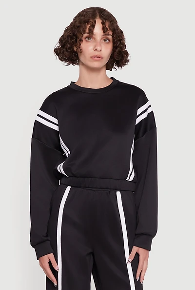 Womens Varsity Stripe High Neck Elastic Hem Pullover Top, Black, Size L