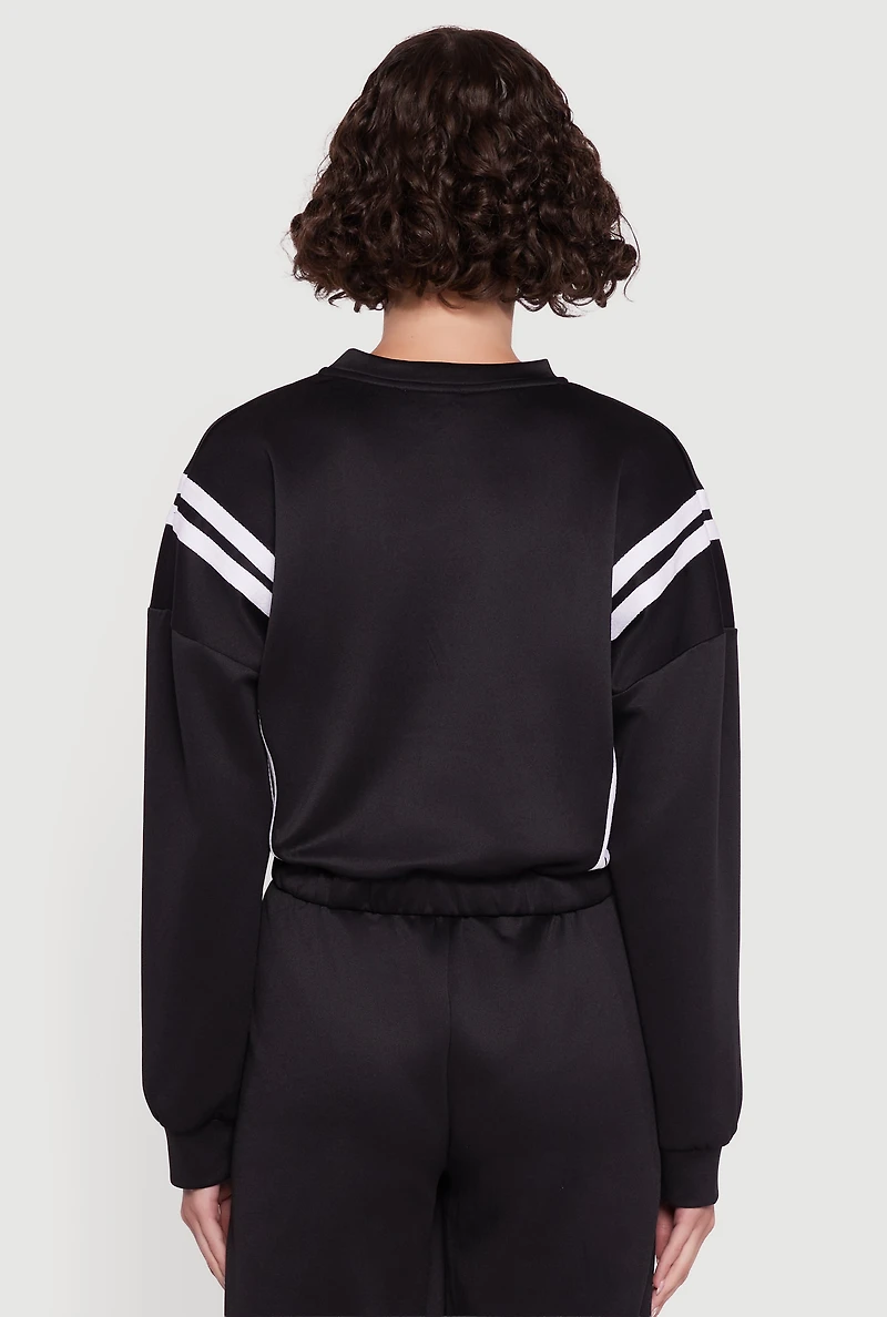 Womens Varsity Stripe High Neck Elastic Hem Pullover Top, Black, Size M