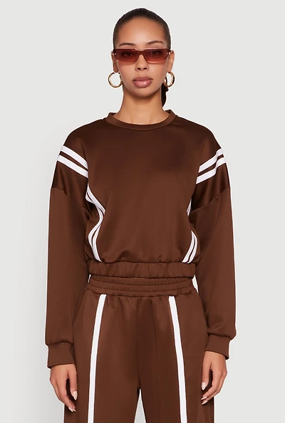 Womens Varsity Stripe High Neck Elastic Hem Pullover Top, Brown, Size S