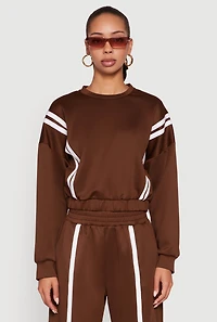 Womens Varsity Stripe High Neck Elastic Hem Pullover Top, Brown, Size S