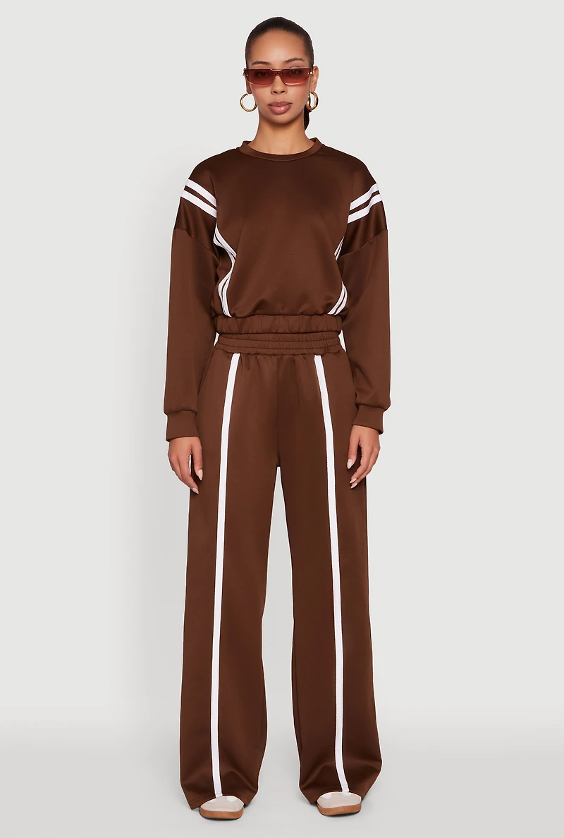 Womens Varsity Stripe High Neck Elastic Hem Pullover Top, Brown, Size S