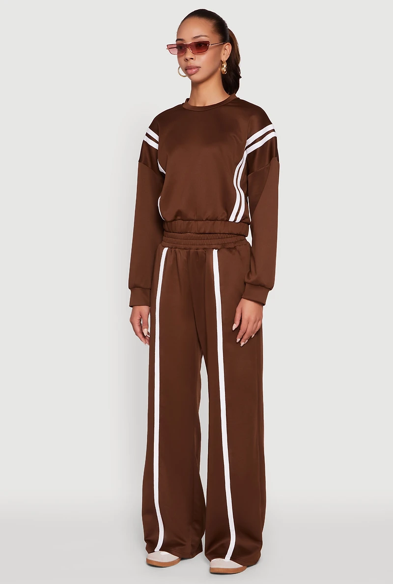 Womens Varsity Stripe High Neck Elastic Hem Pullover Top, Brown, Size S