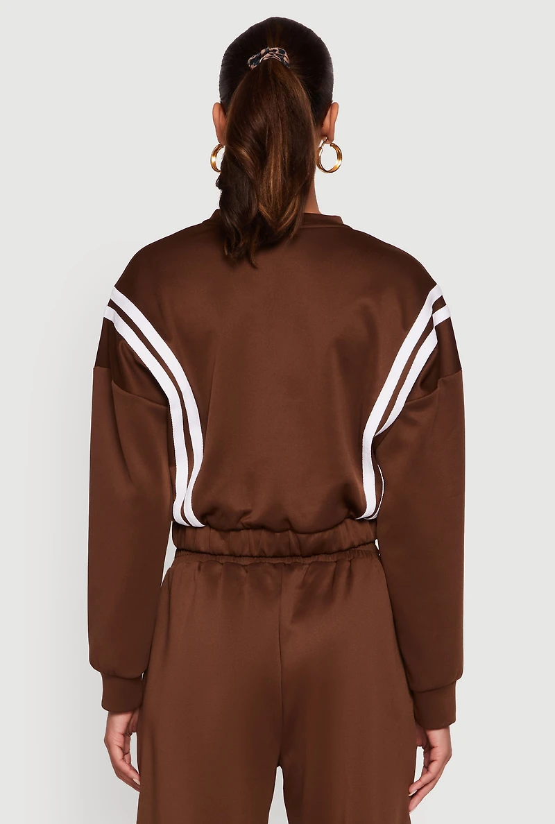 Womens Varsity Stripe High Neck Elastic Hem Pullover Top, Brown, Size S