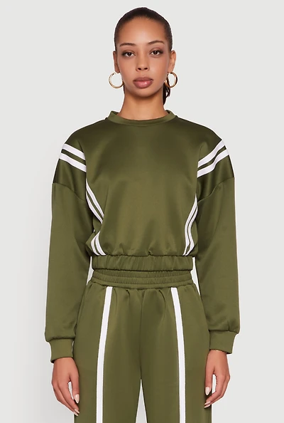 Womens Varsity Stripe High Neck Elastic Hem Pullover Top, Green, Size S