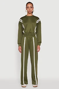 Womens Varsity Stripe High Neck Elastic Hem Pullover Top, Green, Size S