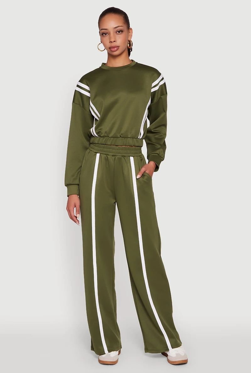 Womens Varsity Stripe High Neck Elastic Hem Pullover Top, Green, Size S