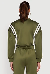 Womens Varsity Stripe High Neck Elastic Hem Pullover Top, Green, Size S