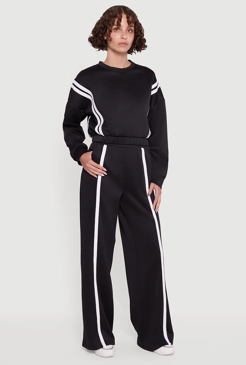 Womens High Waisted Contrast Trim Wide Leg Active Pants, M