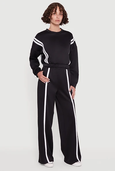 Womens High Waisted Contrast Trim Wide Leg Active Pants, Black, Size M