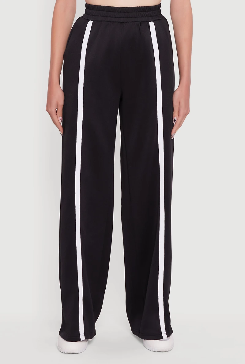 Womens High Waisted Contrast Trim Wide Leg Active Pants, Black, Size M