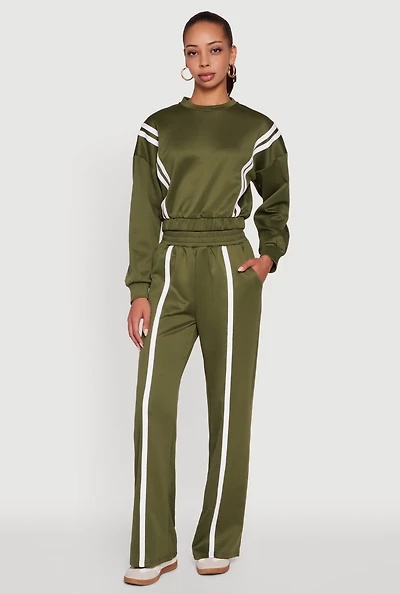 Womens High Waisted Contrast Trim Wide Leg Active Pants, Green,