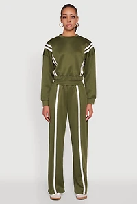 Womens High Waisted Contrast Trim Wide Leg Active Pants, Green,