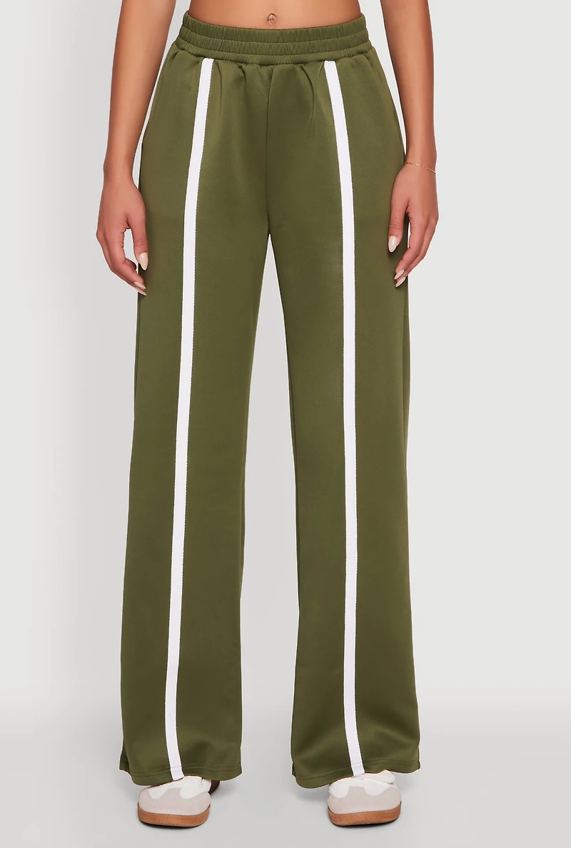 Womens High Waisted Contrast Trim Wide Leg Active Pants, Green,