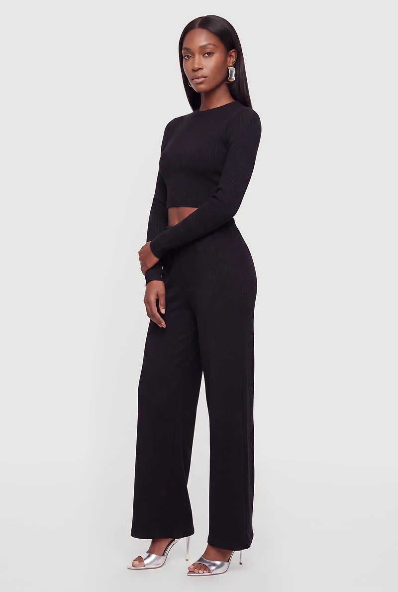 Brushed Ribbed Knit Long Sleece Crop Top