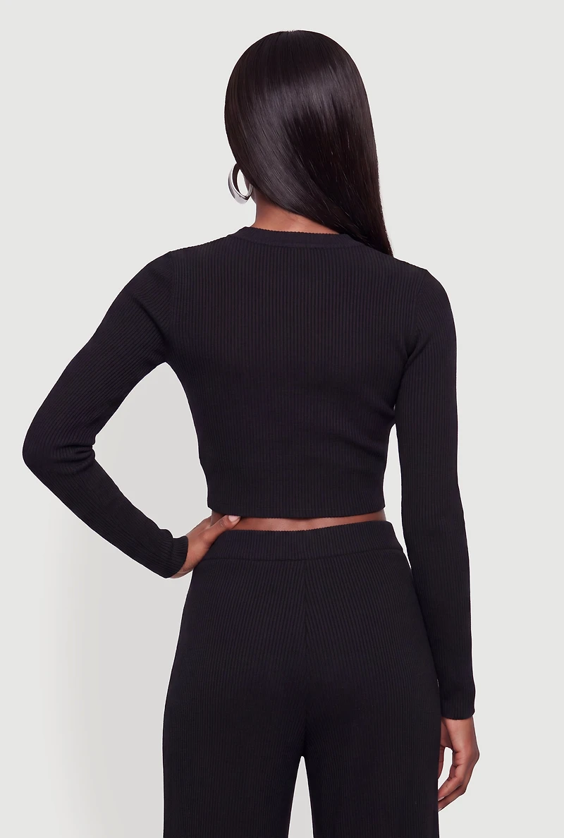 Brushed Ribbed Knit Long Sleece Crop Top
