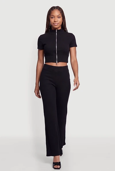 Brushed Ribbed Knit Flare Pants