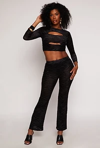 Womens Velvet Burnout Zebra Print Cut Out Crop Top, Black, Size L